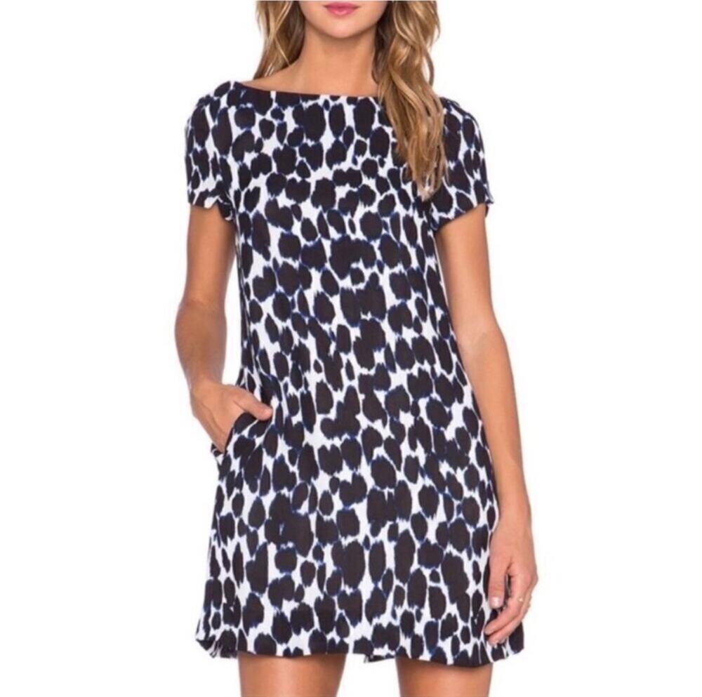 Kate Spade black/white/royal blue animal print, shift dress, bow, pockets, 4
